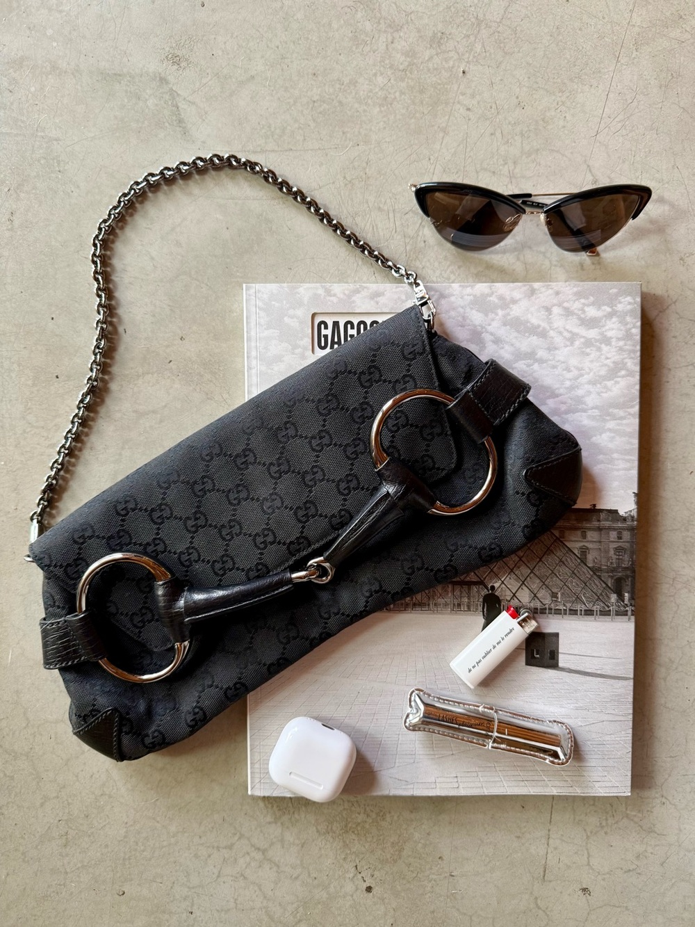 Authentic Gucci Tom Ford 2003  Black GG Canvas Horsebit Chain Shoulder Bag